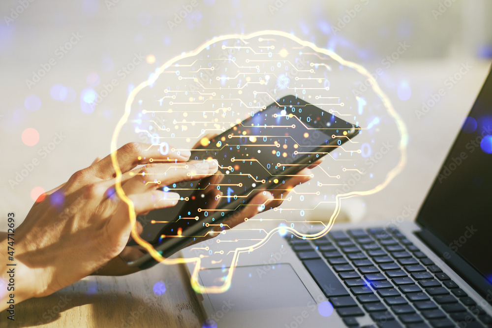 Poster double exposure of creative artificial intelligence symbol with finger clicks on a digital tablet on