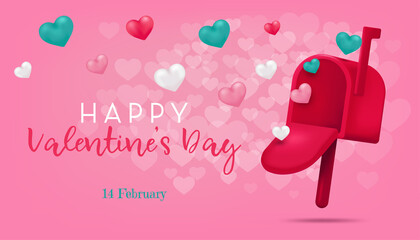 Valentine’s Day banner template with mailbox and hearts in 3D realistic style. Vector isolated illustration