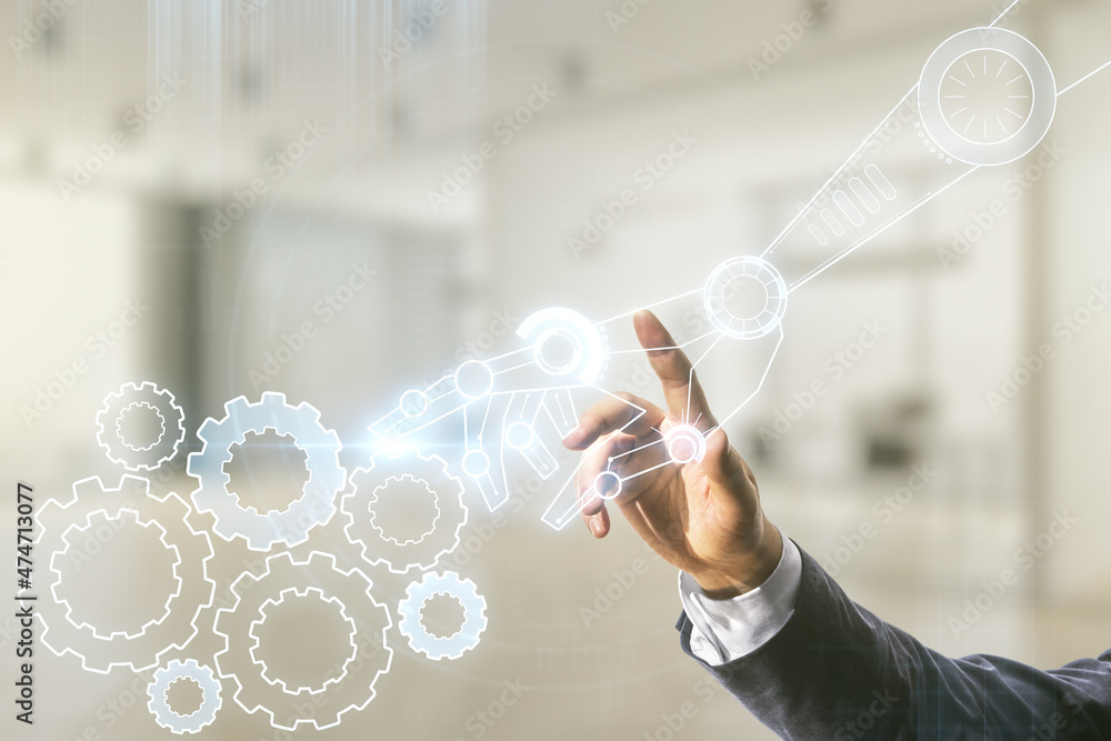 Aufkleber male hand clicks on abstract virtual robotics technology sketch on blurred office background, future