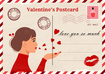 Vintage Valentine’s Invitation postcard, mail, letter with woman sends air kiss illustration. Vector