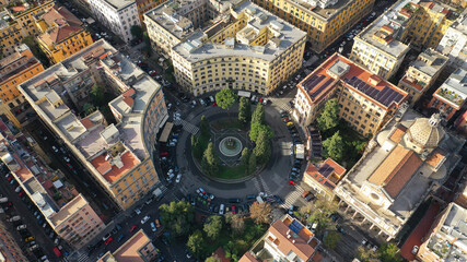 Aerial drone photo of iconic round Piazza dei Quiriti with famous fountain in the heart of Prati...