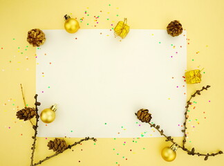 Christmas  composition on white background. Frame made of New Year holiday decorations. Top view, copy space, flat lay.