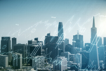 Double exposure of virtual creative financial diagram on San Francisco office buildings background, banking and accounting concept