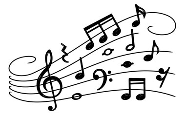 Musical notes wave. Orchestra note music, song score. Abstract sound, creativity wallpaper for musician. Clef and black musically signs swanky vector banner