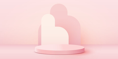 Abstract scene background. Cylinder podium on pink background. Product presentation, mock up, show cosmetic product, Podium, stage pedestal or platform.