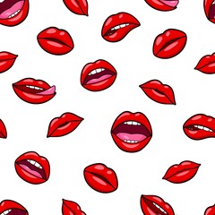 Lips pattern. Glam lip patch, red mouth pop style wallpaper. Female kiss fashion print, sweet romance elements. Makeup garish vector seamless texture