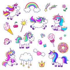 Cute unicorns set. Unicorn characters, fairy style magic pony and elements. Pretty girly stickers, ice cream, rainbow and clouds garish vector set