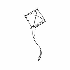 Hand drawn kite in doodle style. Retro linear illustration with black kite doodle on white background.