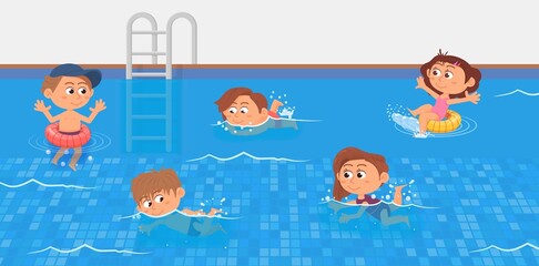 Kids in pool. Children swimming, cartoon fun child play in water. Holidays or vacations, swim sport workout. Summer activities decent vector scene