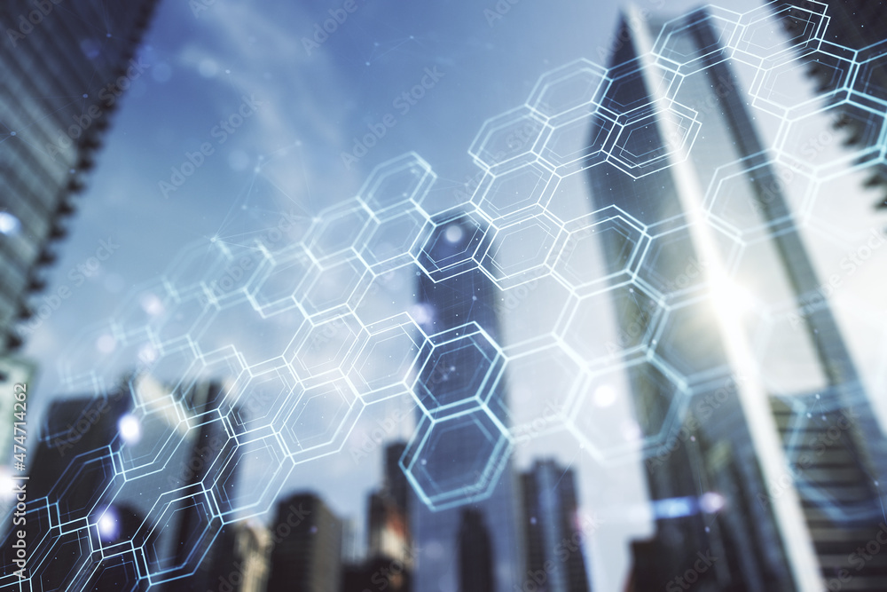 Poster double exposure of abstract virtual technology hologram with hexagon on modern skyscrapers backgroun