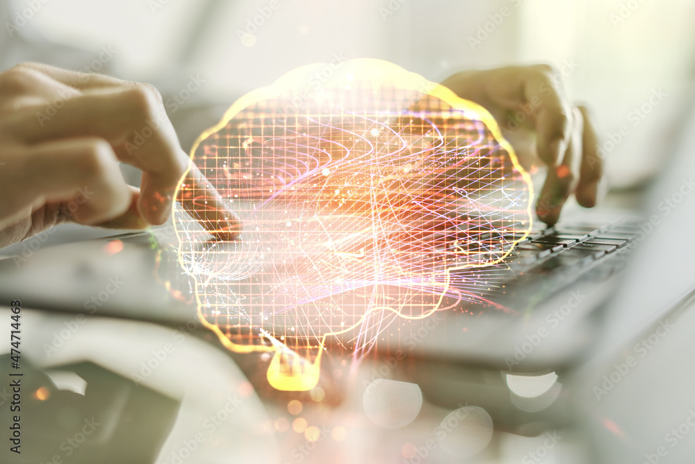 Poster creative artificial intelligence concept with human brain sketch and hands typing on computer keyboa