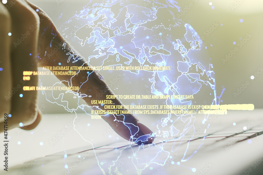 Poster multi exposure of abstract software development hologram with world map and hands typing on computer
