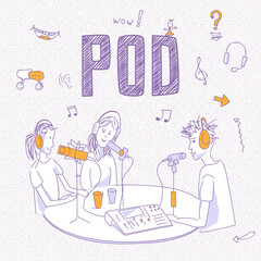 Square cover for Indie podcasting. Fancy handmade sketch with people, radio program recording and special equipment for sound: microphones, headphones, mixer, DAW. Outline illustration, vector