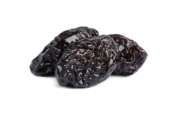 Sweet dried prunes on white background. Healthy snack