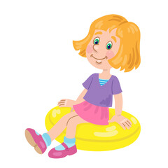 Cute little girl sits on a pillow. In cartoon style. Isolated on white background. Vector illustration.
