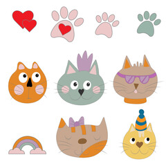 Set cute cat, rainbow, dog paws, clouds, glasses, princess in crown, pet paw, red hearts. Great for kids apparel, nursery decoration. Vector cartoon Illustration.