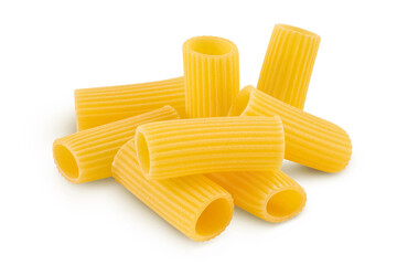 raw italian Rigatoni pasta isolated on white background with clipping path and full depth of field