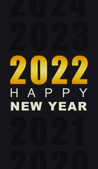 Vertical stylish greeting card with gold colored 2022 year number on a black background. 