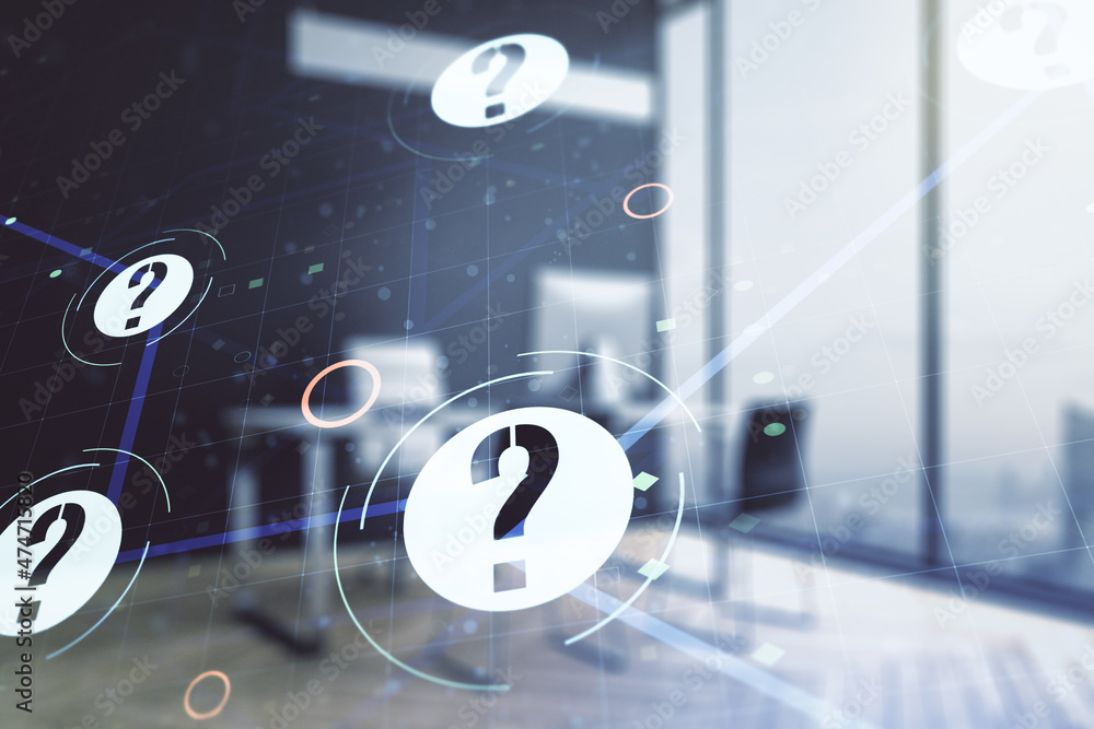 Poster creative concept of question mark illustration and modern desktop with computer on background. faq a