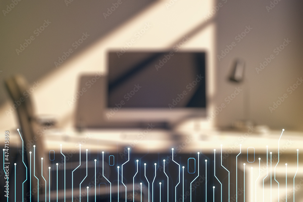Poster Creative abstract micro circuit sketch and modern desk with computer on background, future technology and AI concept. Double exposure