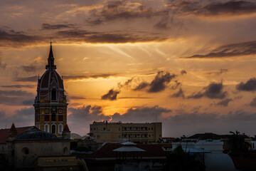 Naklejka premium At sunset in Cartagena, you can see the Church of Santa Catalina with Herrerian style, whose construction began in 1577.