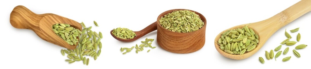 Dried fennel seeds isolated on white background with clipping path. Top view. Flat lay. Set or collection