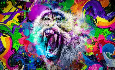 Deurstickers colorful artistic monkey muzzle with bright paint splatters on dark background  © reznik_val