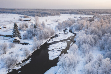 The unknown and untouched Russian north river in winter