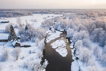 The unknown and untouched Russian north river in winter