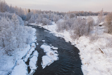 The unknown and untouched Russian north river in winter