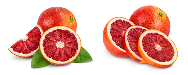 Blood red oranges isolated on white background full depth of field, Set or collection - obrazy, fototapety, plakaty