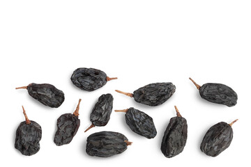 Black raisin isolated on white background with clipping path. Top view with copy space for your text. . Flat lay