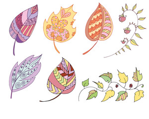 a set of vector drawings of flowers and leaves in an ethnic style