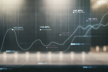 Double exposure of abstract virtual statistics data hologram on modern business center exterior background, statistics and analytics concept