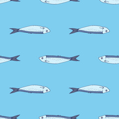 a pattern of grey blue sardines. Seamless drawing of a hand-drawn sketch of a small sardine fish, blue-gray with a blue outline, side view, on blue for a design template