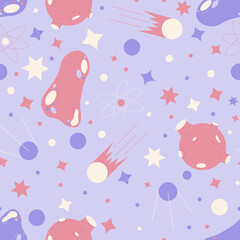 Seamless pattern of deep space with planets and stars, comets and asteroids in a flat style. Vector illustration
