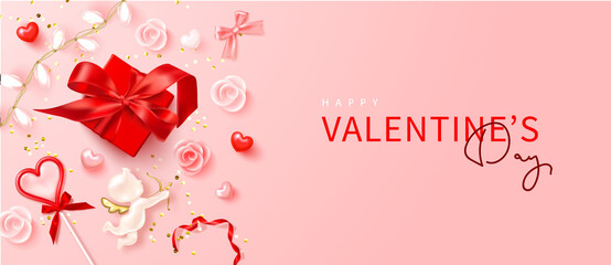 Happy Valentine s Day poster with realistic 3d gift box, angel cupid, candy heart, roses, garland, hearts, red ribbon and golden confetti.Festive background for February 14 .Vector design for