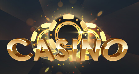 Golden logo casino with tree gold and black poker chips, tokens, and lights, rays, glare, sparkles on black background. Concept for game design. Vector illustration for card, casino, advertising. - obrazy, fototapety, plakaty