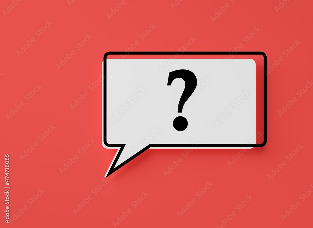 Poster speech bubble with question mark symbol on red background, help , support or faq concept