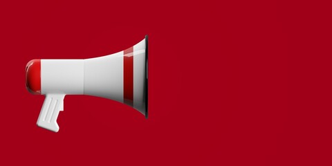 Red and white megaphone or bullhorn flat lay top view from above over red background, business announcement or communication concept - obrazy, fototapety, plakaty