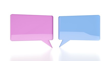 Two pink and blue speech bubbles over white background, male - female communication or message chat concept