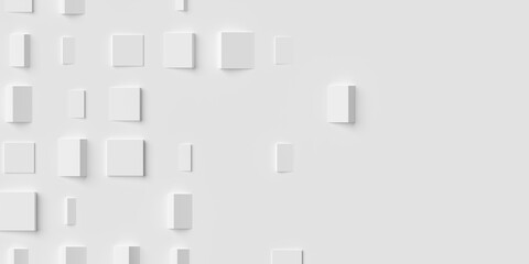 Random rotated white cube boxes block geometrical background wallpaper banner or template with copy space