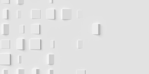 Random rotated white cube boxes block geometrical background wallpaper banner or template with copy space