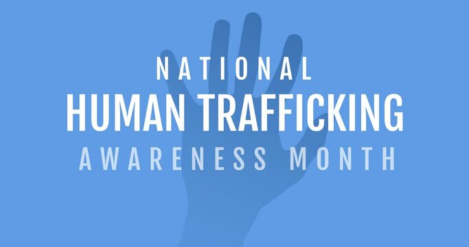 Animation of stop human trafficking text with black hand on blue background
