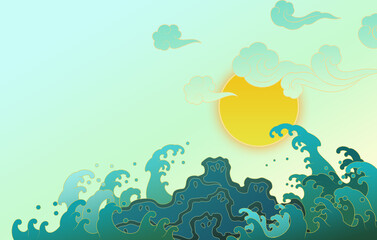 Naklejka na ściany i meble Oriental painting vector illustration sea wave moon landscape 동양화 산수화 일러스트
