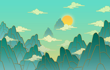 Oosters schilderij vector berg illustratie gele maan landschap