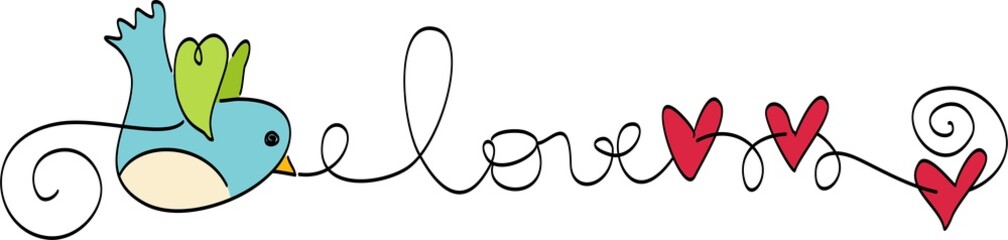 Cute bird holding a love word