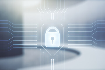 Virtual creative lock illustration with microcircuit on modern interior background, cyber security concept. Multiexposure