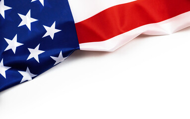 USA flag on white background. Top view, copy space. American flag for Memorial Day, 4th of July, Labour Day