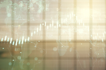 Obraz premium Double exposure of abstract creative financial diagram and world map on empty room interior background, banking and accounting concept
